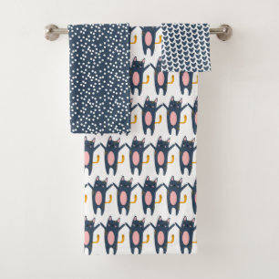 Conjunto De Toalhas Gatos, Corações e Polkadots, de cor azul