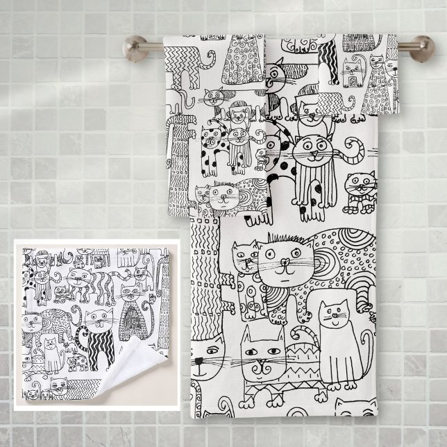 Conjunto De Toalhas Gatos e Gatinhos Pretos e Brancos Modernos com Est (Modern Black and White Cats And Kittens Patterned Bath Towel Set)