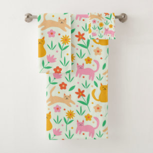 Conjunto De Toalhas Gatos Felizes Retroativos com flores de vermelho a
