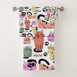 Conjunto De Toalhas Gatos Fofos de Rabiscos e Pegadas de Pata