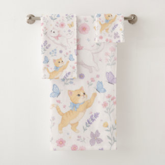 Conjunto De Toalhas Gatos Fofos Pastel e Borboletas Floral