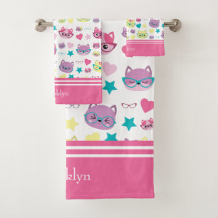 Conjunto De Toalhas Gatos Legal De Pastel Com Padrão De Óculos, Rosa