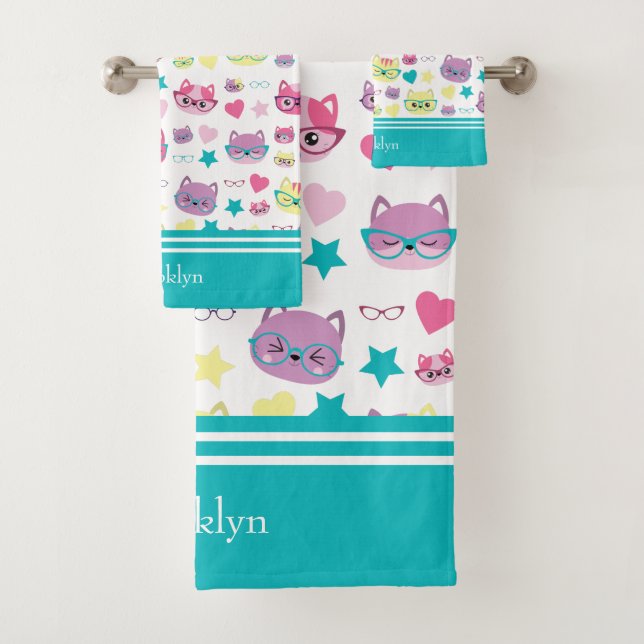 Conjunto De Toalhas Gatos legal De Pastel Com Padrão De Óculos, Teal (Insitu)