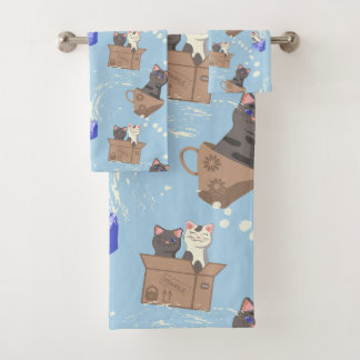 Conjunto De Toalhas Gatos na caixa e leite cai em azul