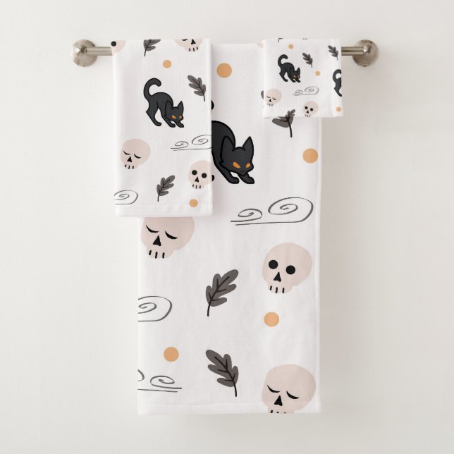 Conjunto De Toalhas Gatos negros e crânios do Halloween (Insitu)