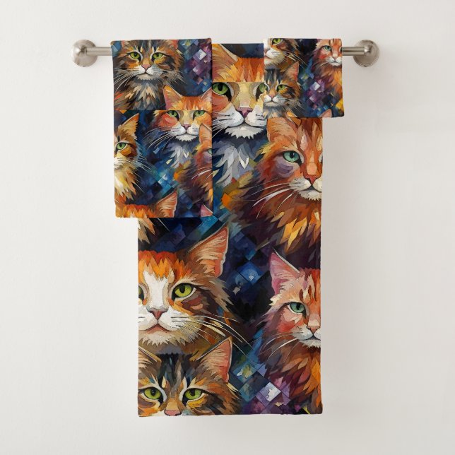 Conjunto De Toalhas Gatos Rostos Arte Animais (Insitu)