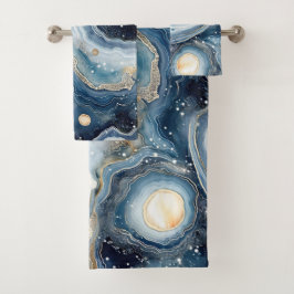 Conjunto De Toalhas Geodo Abstrato Azul Bege com Redemoinhos Dourados