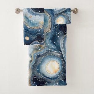 Conjunto De Toalhas Geodo Abstrato Azul Bege com Redemoinhos Dourados