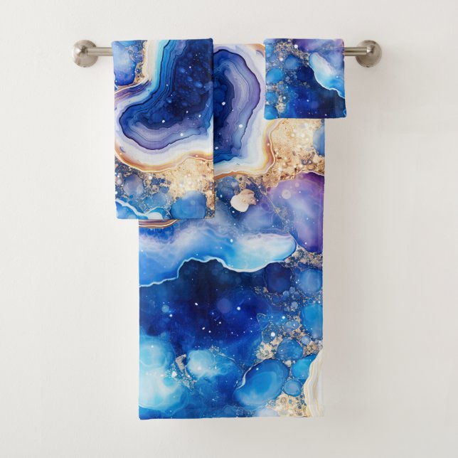 Conjunto De Toalhas Geodo Abstrato Azul Roxo com Camadas de Redemoinho (Insitu)
