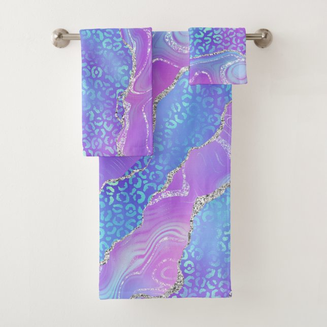 Conjunto De Toalhas Geodo Violeta Azul Vibrante e Impressão de Leopard (Insitu)