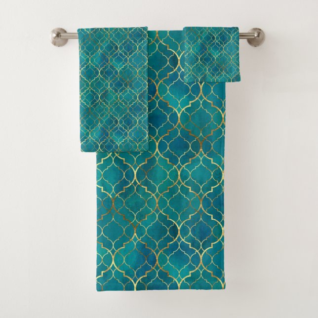 Conjunto De Toalhas Geometria Esmeralda Dourada (Insitu)