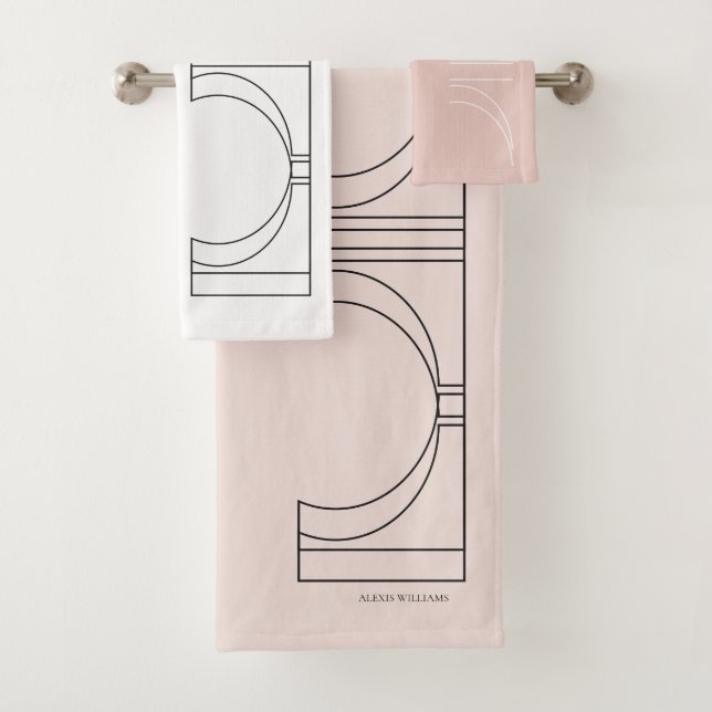 Conjunto De Toalhas Geométrico Moderno Rosa Bege Branco (Insitu)