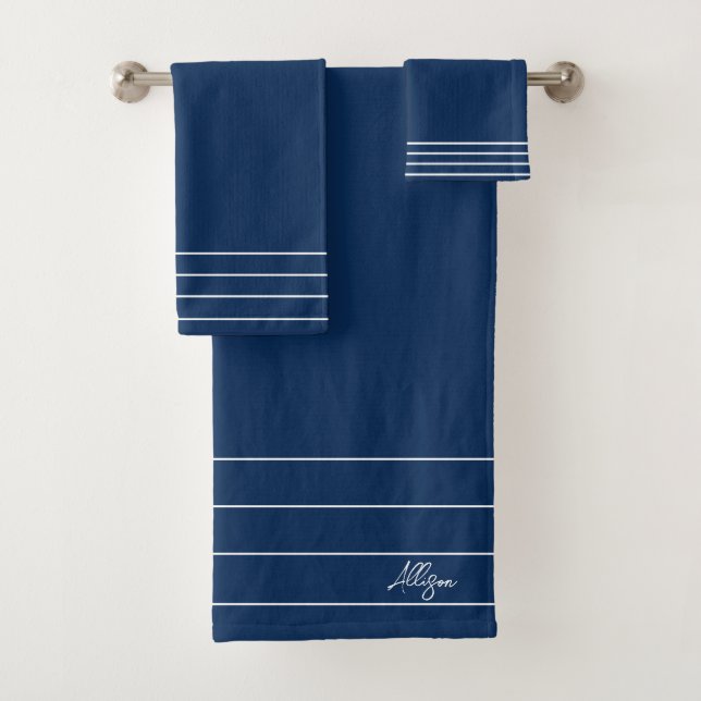 Conjunto De Toalhas Geométrico Monograma Azul Marinho e Branco (Insitu)