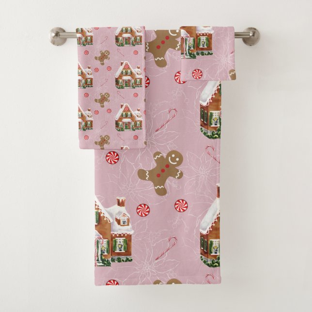 Conjunto De Toalhas Gingerbread House Pink Christmas Bath Set (Insitu)