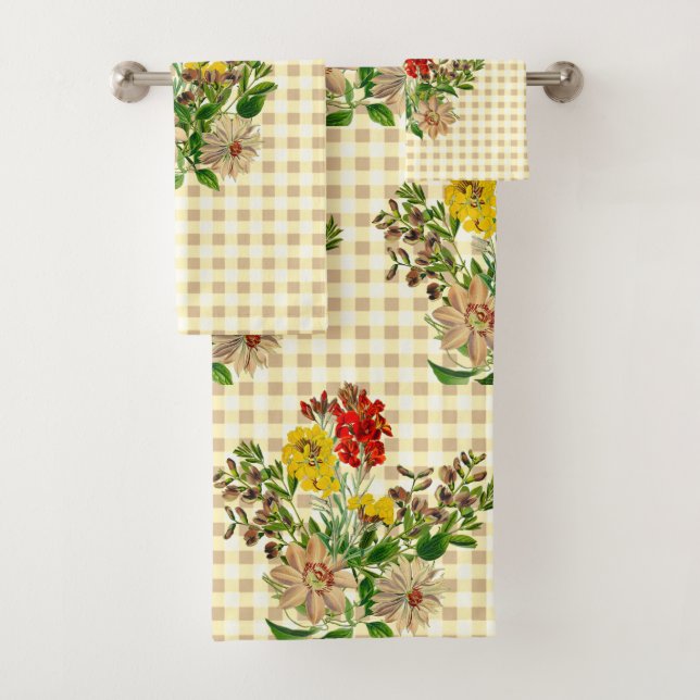 Conjunto De Toalhas Gingham Amarelo com Clematis Wildflower (Insitu)