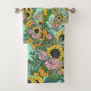 Conjunto De Toalhas Girassóis amarelos da moda e design de rosas cor-