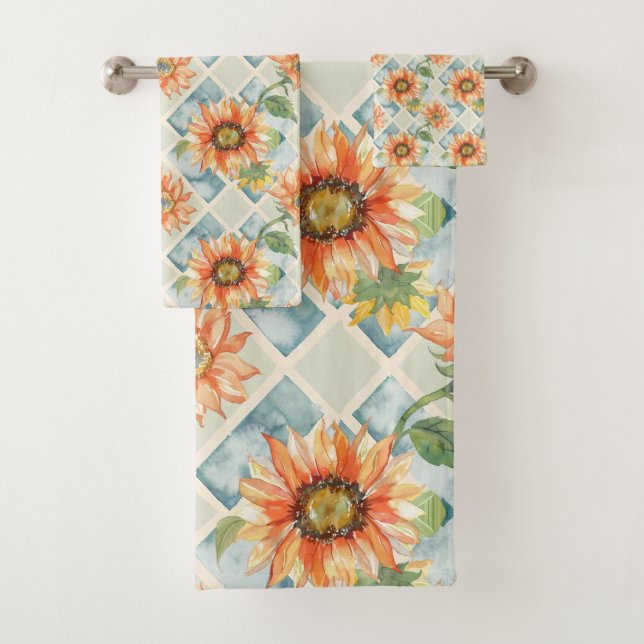 Conjunto De Toalhas Girassóis Padrão floral de aquarela (Insitu)