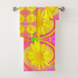 Conjunto De Toalhas Girassol Amarelo em espiral psicodélica