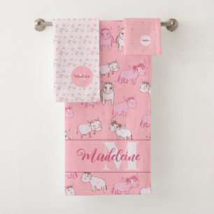 Conjunto De Toalhas Girls Boho Farmhouse Funny Cows Rosa Monograma Nom