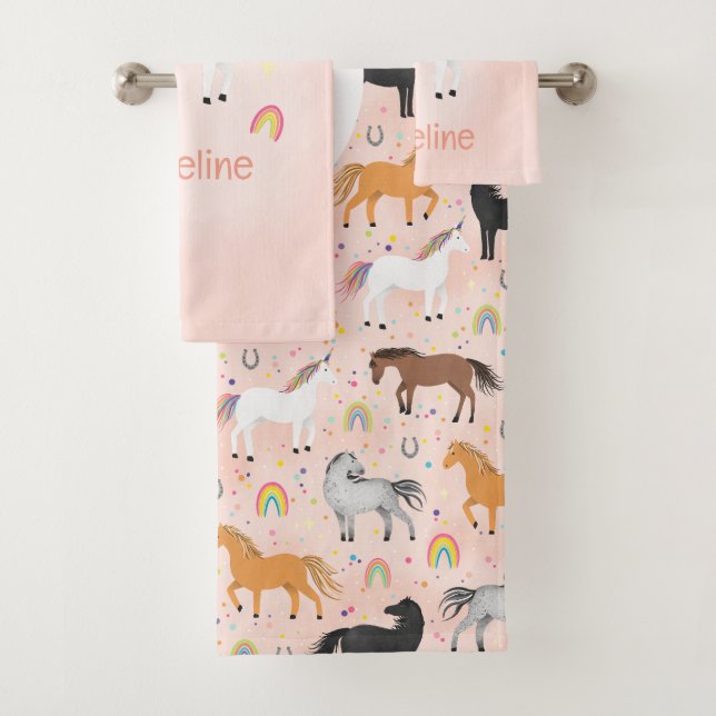 Conjunto De Toalhas Girls Pink Horse Unicorn Rainbow Kids Monogram (Insitu)
