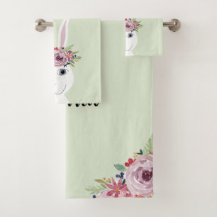 Conjunto De Toalhas Girls Whimsical Floral Watercolor Rabbit e Nome