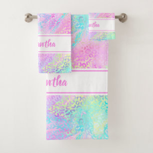 Conjunto De Toalhas Girly Rainbow Shimmer Leopard Print Personalizado