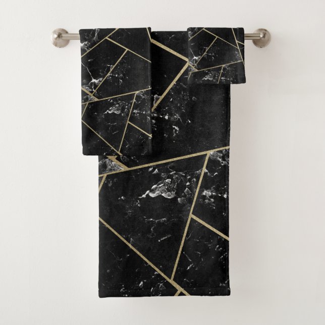 Conjunto De Toalhas Glam Geométrico Dourado Marble Preto #1 (Insitu)