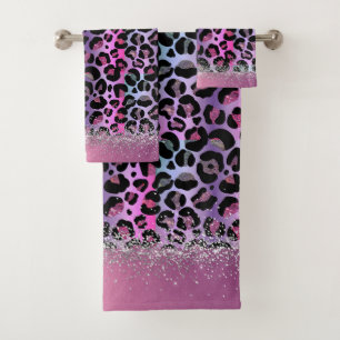 Conjunto De Toalhas Glam Leopardo Rosa e Glitter Roxo