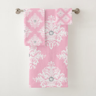 Conjunto De Toalhas Glam Mauve Rosa Diamantes Brancos Damasco Branco