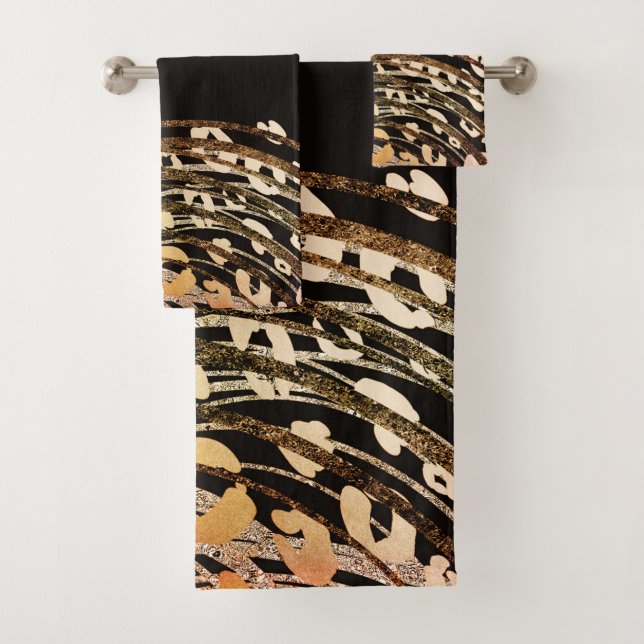 Conjunto De Toalhas Glam Preto Dourado Laranja Bronze Guepardo Leopard (Insitu)