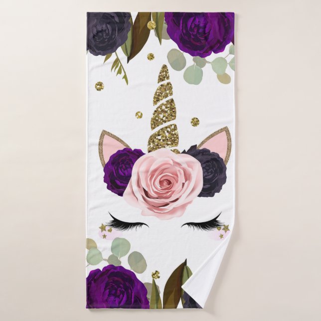 Conjunto De Toalhas Glama Floral Escuro Dourado Glitter Unicórnio Tren (Toalha de Banho)