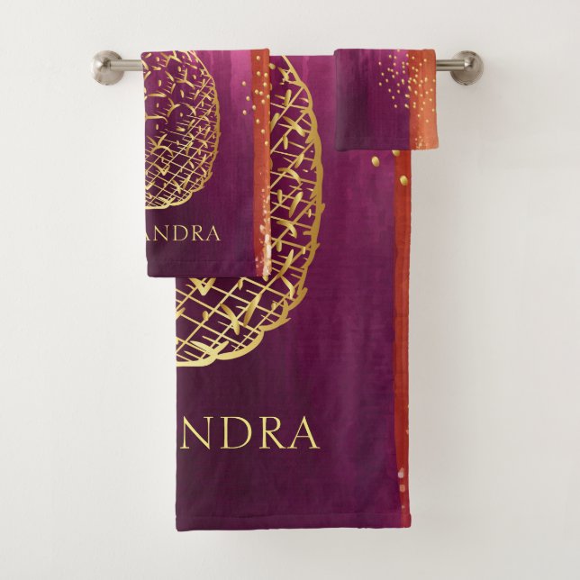 Conjunto De Toalhas Glitter de abacaxi Dourado Rosa Personalizado (Insitu)