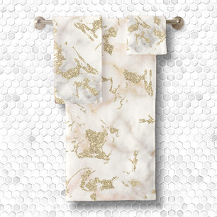 Conjunto De Toalhas Glitter de ouro metálico e mármore branco incrus