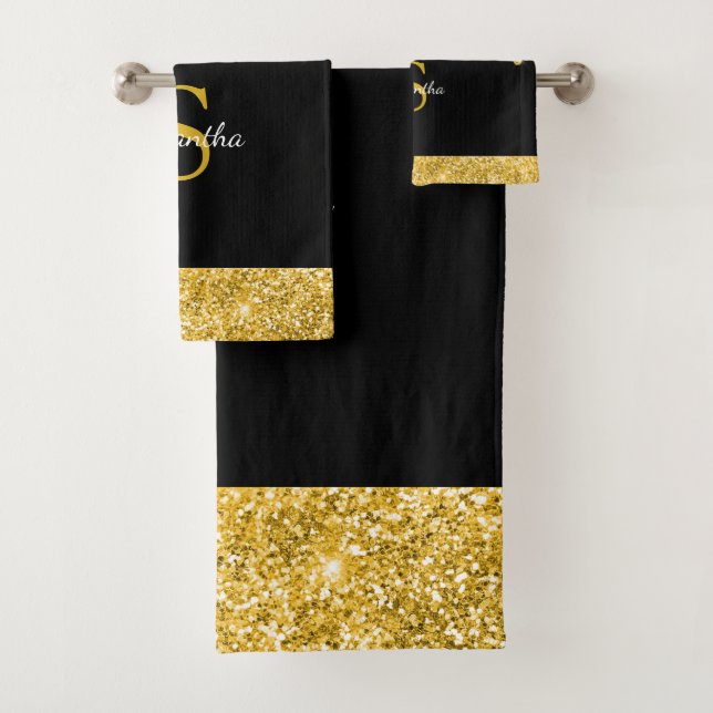 Conjunto De Toalhas Glitter Dourado Chic Drives Glitter Monograma Pret (Insitu)