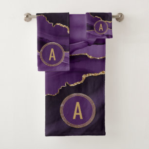 Conjunto De Toalhas Glitter Dourado de Agato de Mármore Roxo do Monogr
