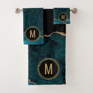 Conjunto De Toalhas Glitter Dourado de Grelha Azul Monograma de Grelha