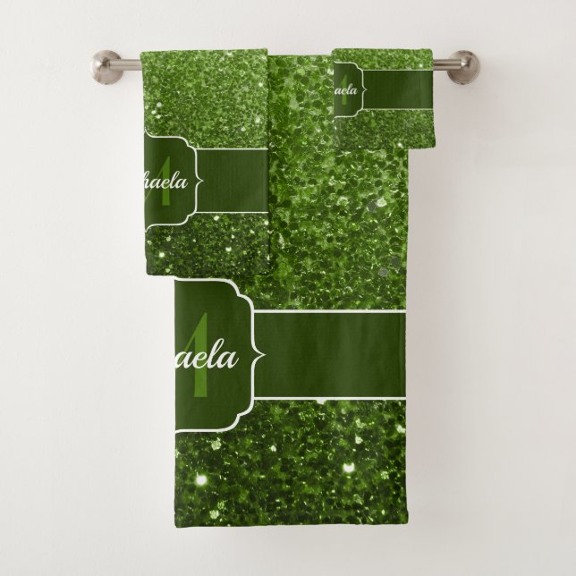 Conjunto De Toalhas Glitter verde claro brilha brilho monograma (Insitu)