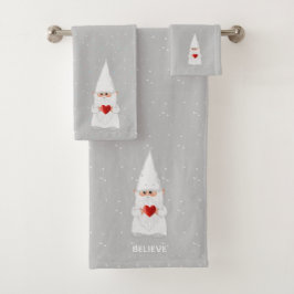 Conjunto De Toalhas Gnomo de Natal com Coração em Cinza Claro