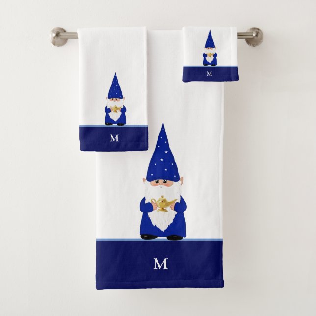 Conjunto De Toalhas Gnomo Mágico & Monograma em Azul e Branco (Insitu)