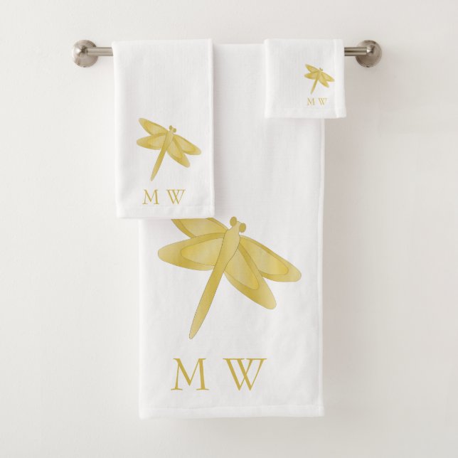 Conjunto De Toalhas Gold Dragonfly Design Monogrammed (Insitu)