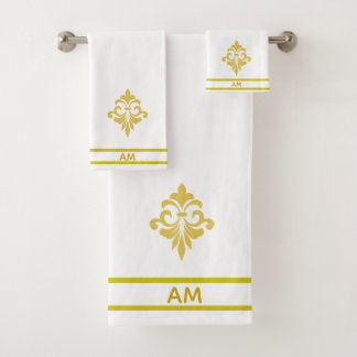 Conjunto De Toalhas Golden Flower, Monogram and Stripes on White