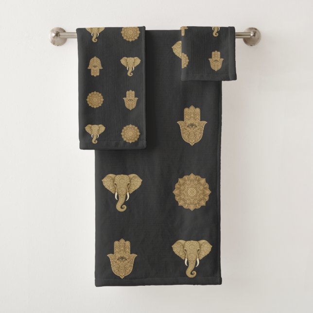 Conjunto De Toalhas Golden Mandala Elephant Hamsa Hand -Boho Art Print (Insitu)