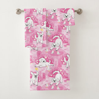 Conjunto De Toalhas Golden Retriever Puppy in Pink Garden