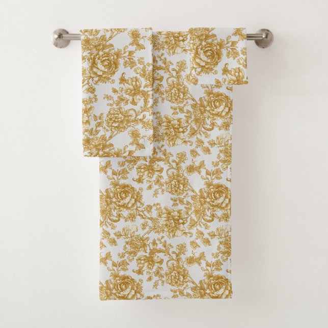 Conjunto De Toalhas Gray & Gold Floral Damask Peony Rose (Insitu)