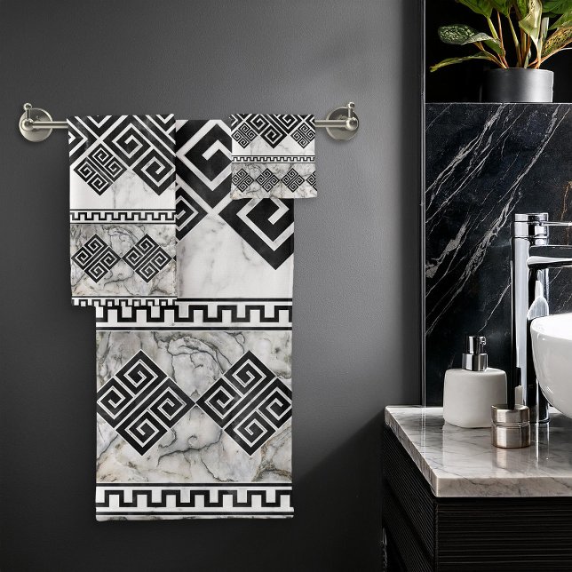 Conjunto De Toalhas Greek Meander - Greek Key Black and White Marble (Criador carregado)