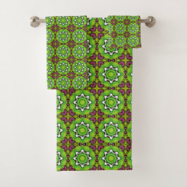 Conjunto De Toalhas Green and purple geometric mandala pattern