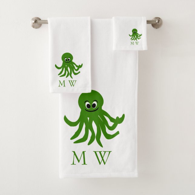 Conjunto De Toalhas Green Octopus Design Monogrammed (Insitu)