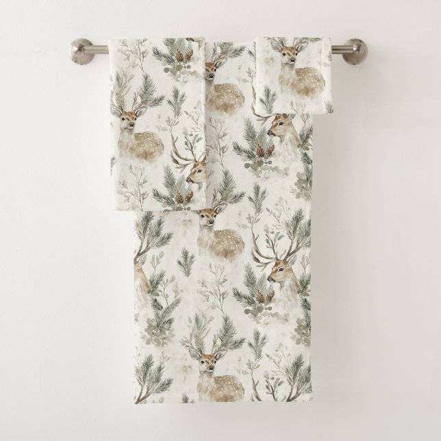 Conjunto De Toalhas Green Pine Cones Deer Christmas (Insitu)