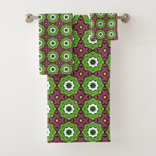 Conjunto De Toalhas Green purple and white geometric pattern Towel (Insitu)