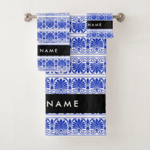 Conjunto De Toalhas Grego Fret Arabesque Azul, Seu Nome, Personalize